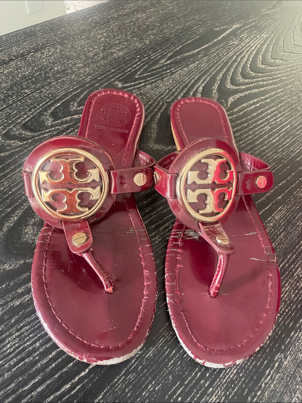 Tory Burch womens Patent Wine Red Logo Thong Sandals
